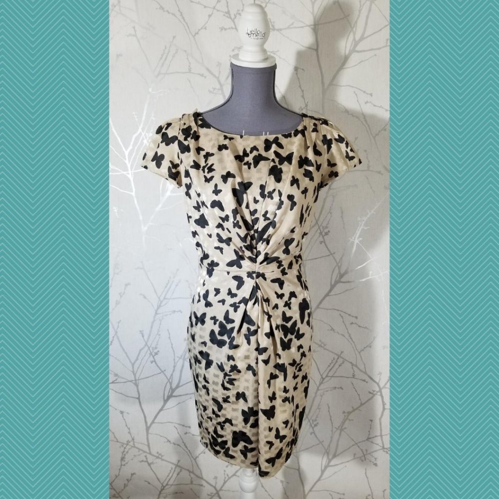 Yumi Beige Butterfly Print Pleated Sheath Dress